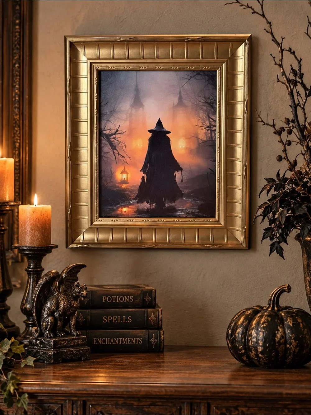 Framed Witch Silhouette Wall Canvas Art in Heavy Gold Wooden Frame 20”x17”